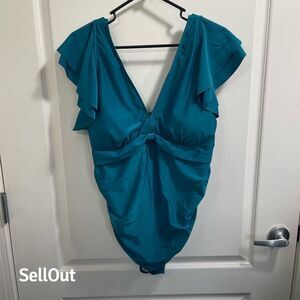 Women's 3XL Green Ruffle Shoulder One Piece Swimsuit